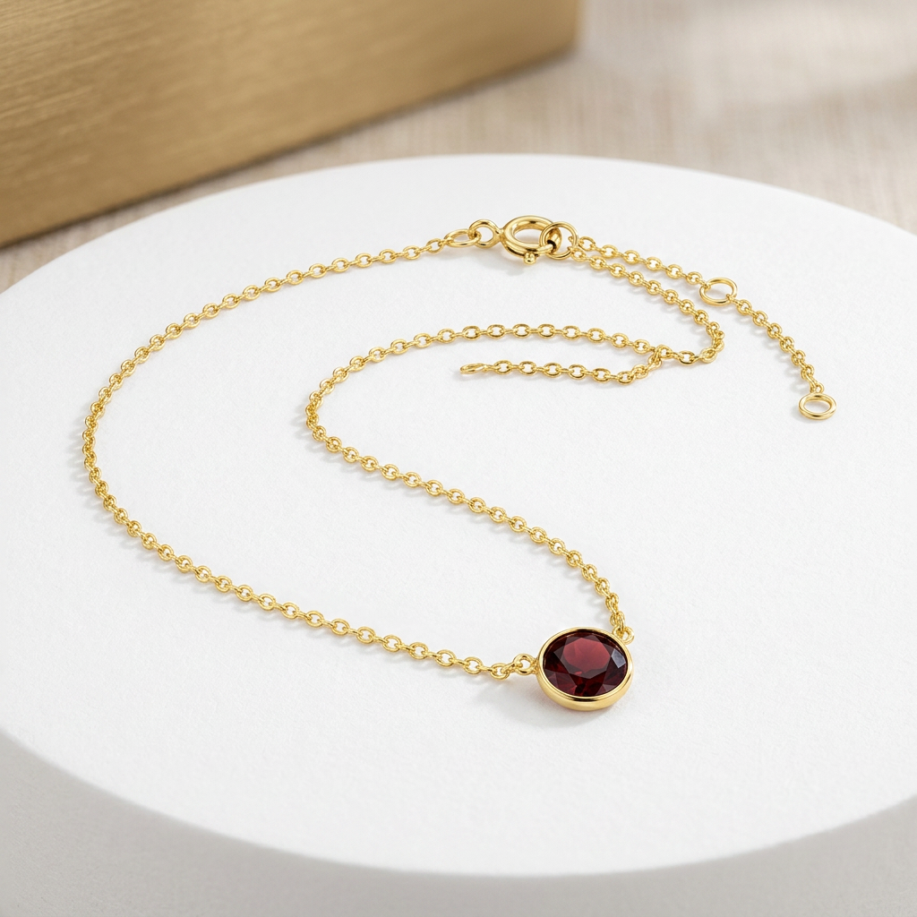 14k Yellow Gold 17 inch Necklace with Round Garnet DestGlow