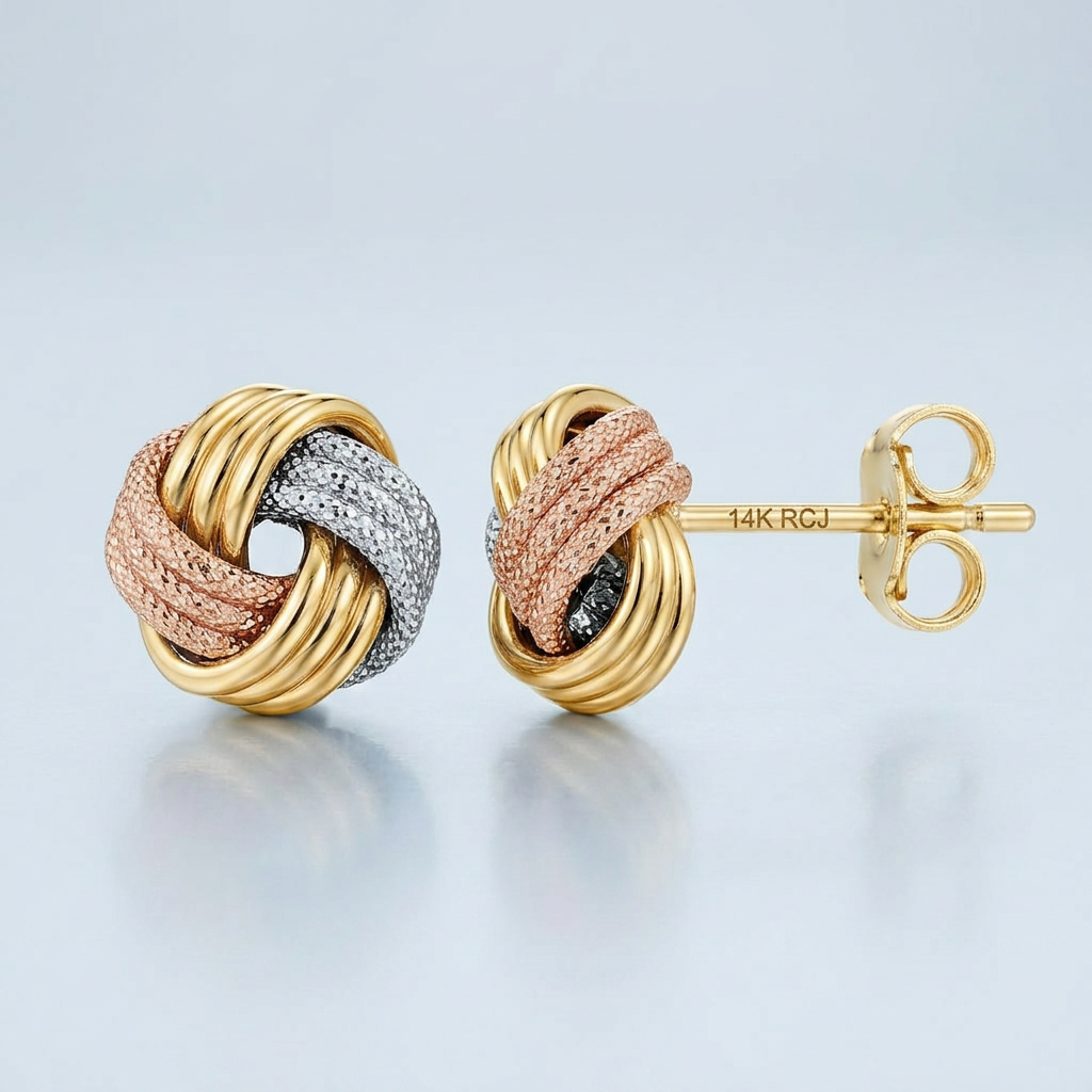 Love Knot Post Earrings in 14k Tri Color Gold DestGlow