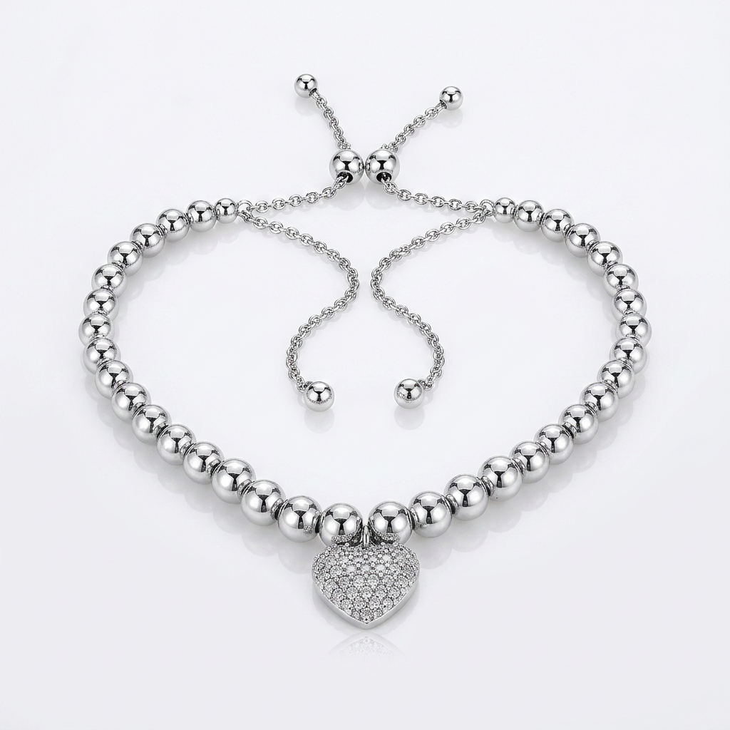 Adjustable Bead Bracelet with Round Charm Cubic Zirconias in Sterling Silver