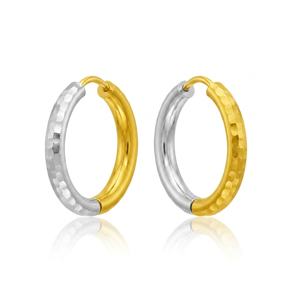14k Two-Tone Gold Hinge Hammered Hoop Earrings DestGlow