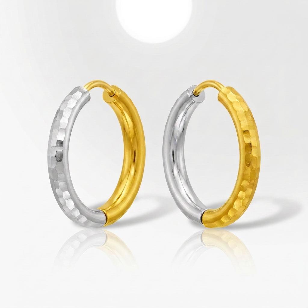14k Two-Tone Gold Hinge Hammered Hoop Earrings DestGlow
