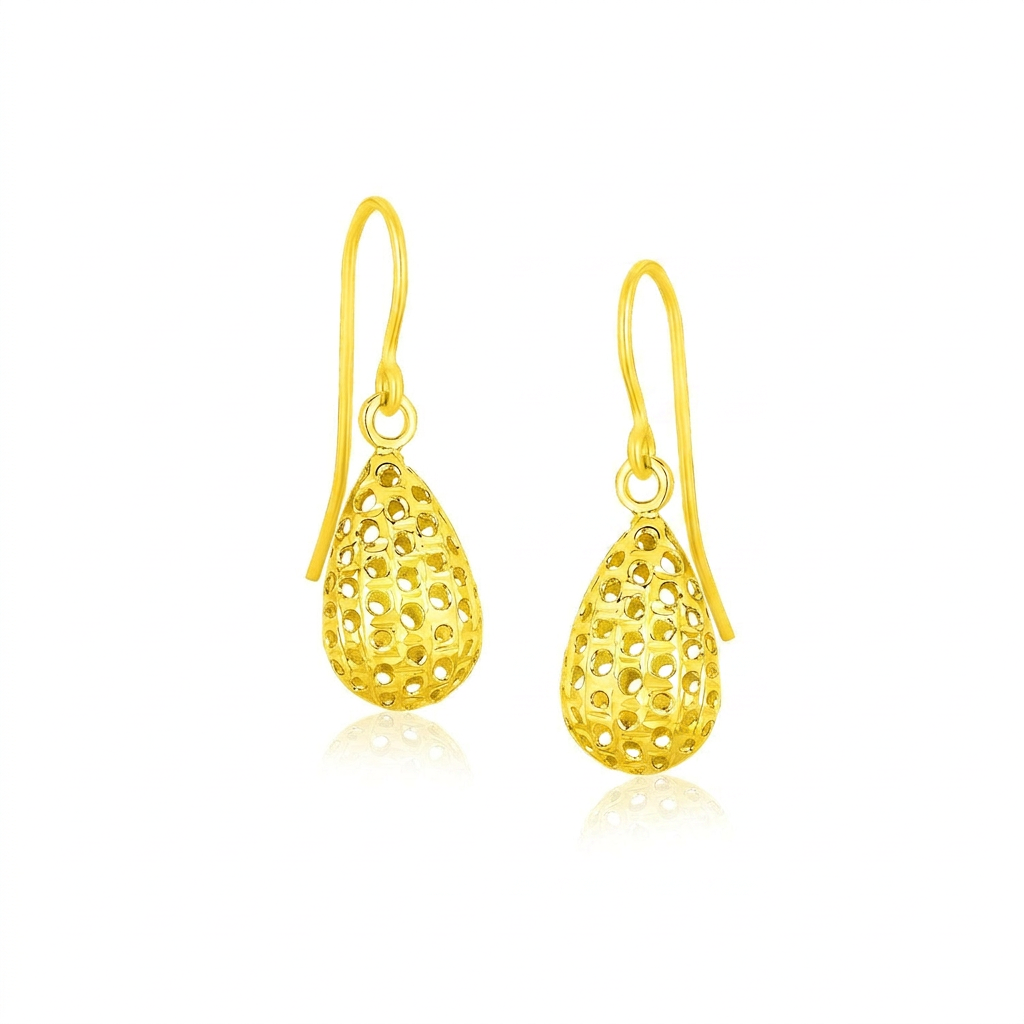 14k Yellow Gold Teardrop Drop Earrings with Honeycomb Texture DestGlow