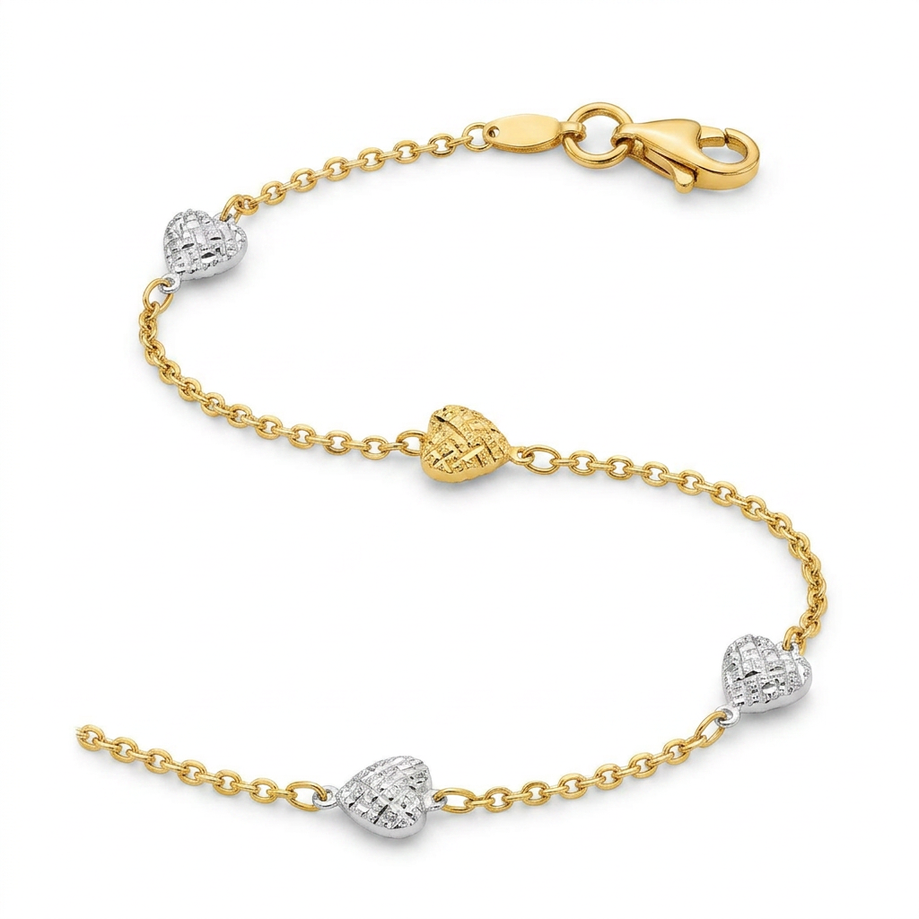14k Two-Toned Yellow and White Gold Anklet with Textured Hearts DestGlow