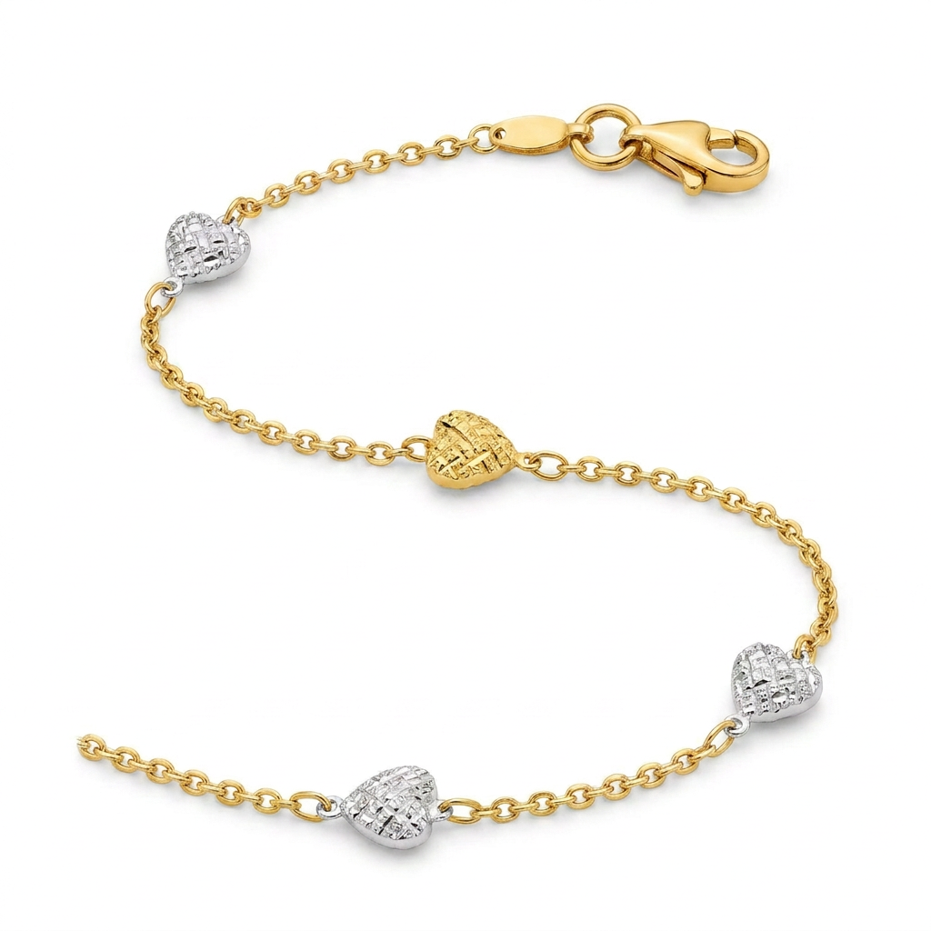 14k Two-Toned Yellow and White Gold Anklet with Textured Hearts