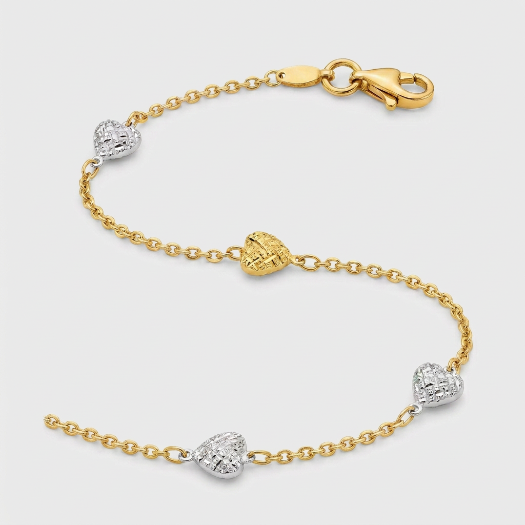 14k Two-Toned Yellow and White Gold Anklet with Textured Hearts DestGlow