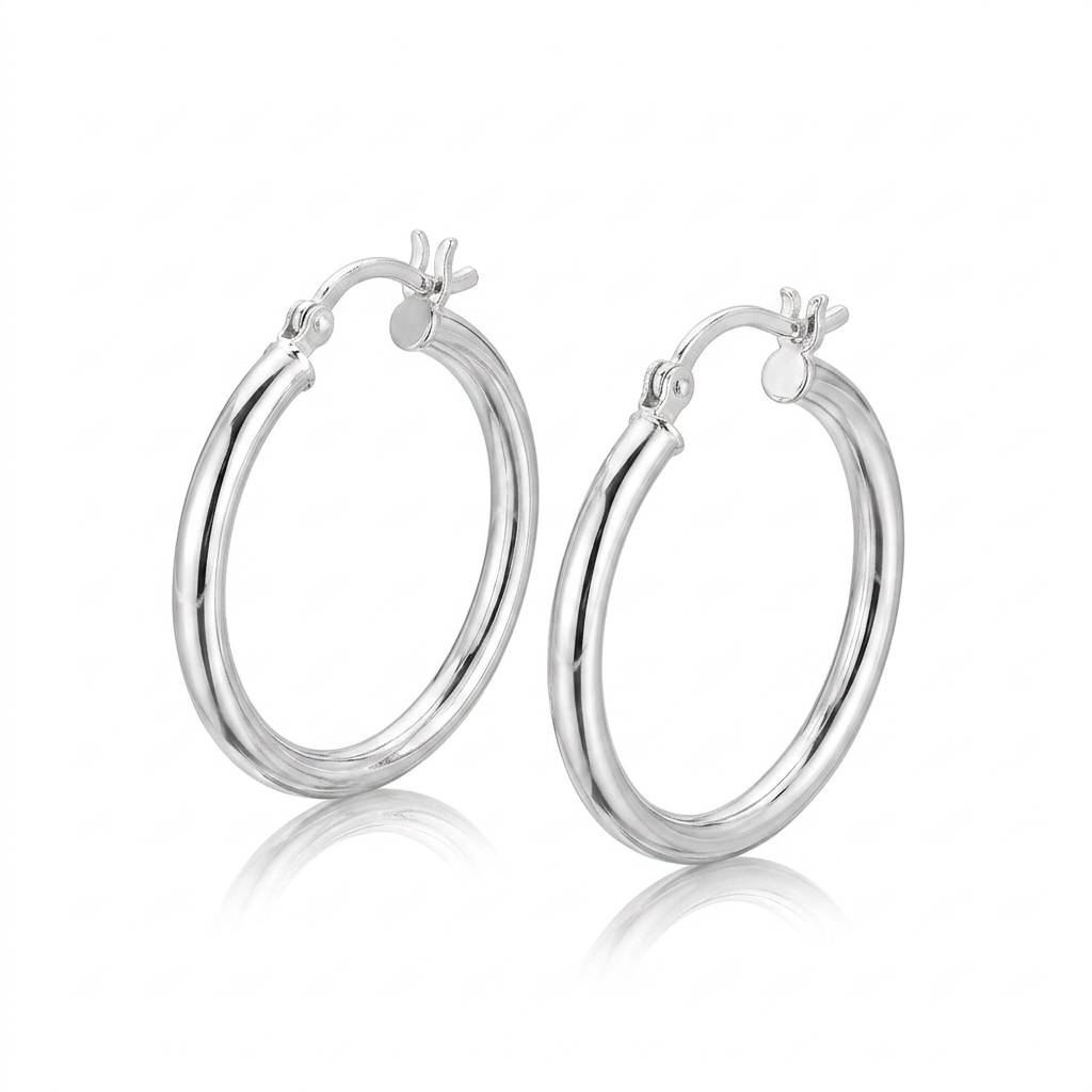 Sterling Silver Rhodium Plated Polished Look Hoop Earrings (25mm)