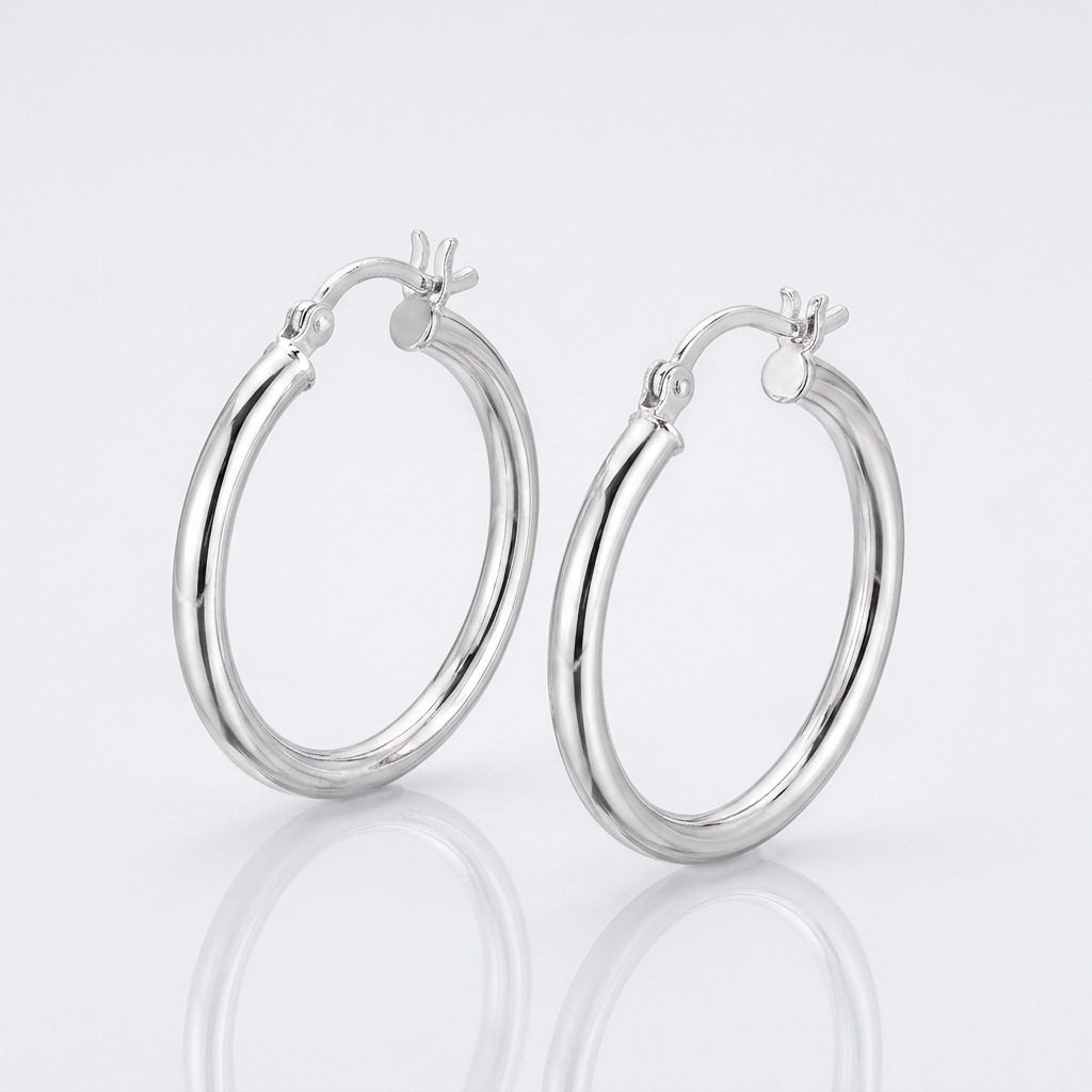 Sterling Silver Rhodium Plated Polished Look Hoop Earrings (25mm)