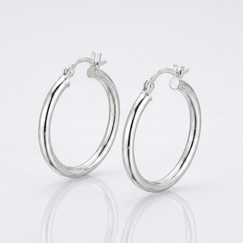Sterling Silver Rhodium Plated Polished Look Hoop Earrings (25mm)