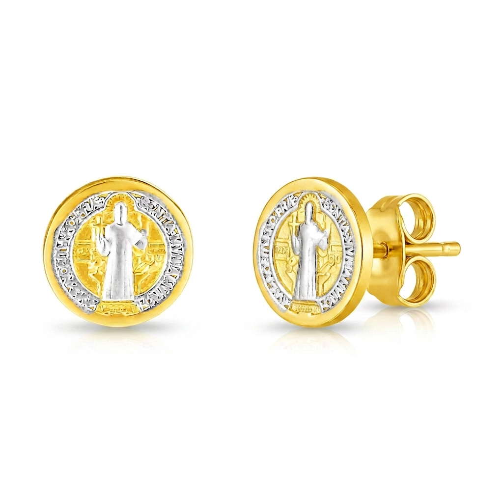 14k Two Tone Gold Round Religious Medal Post Earrings DestGlow