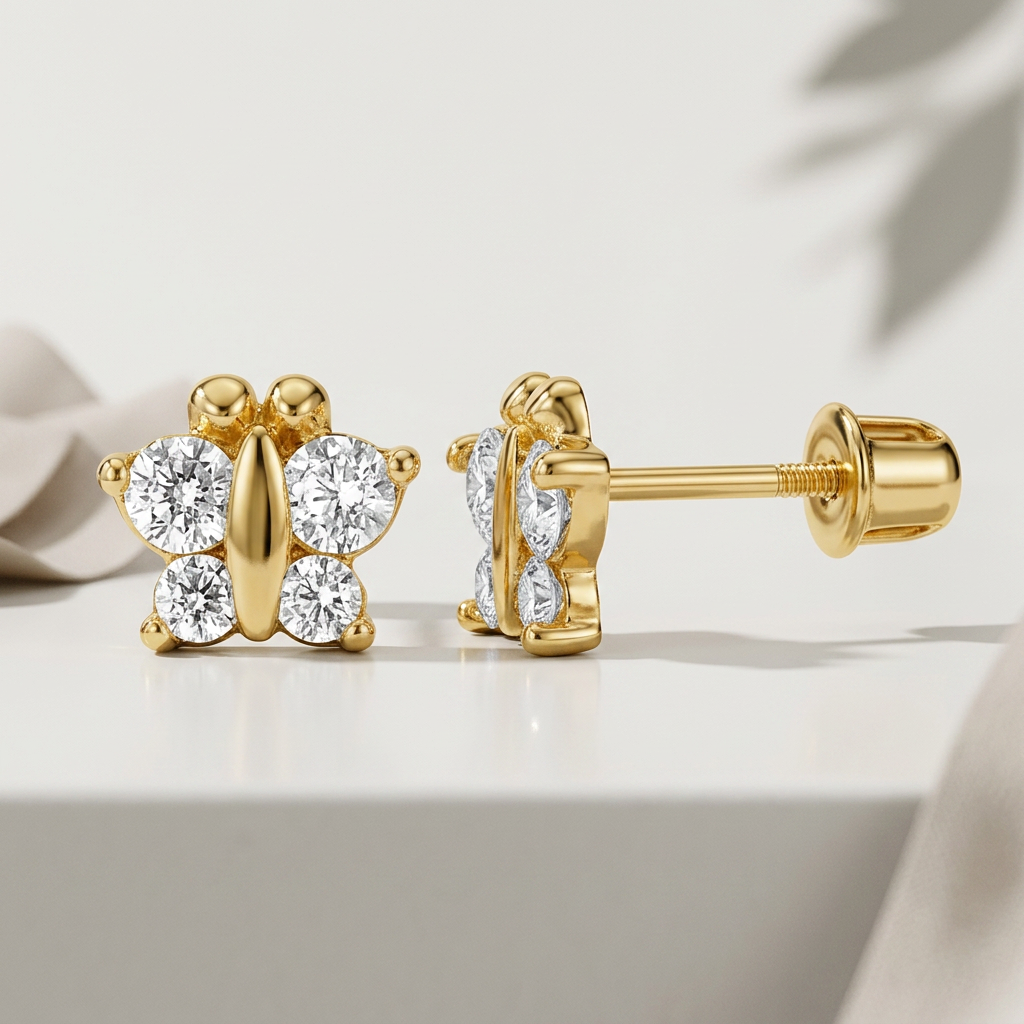 14k Yellow Gold Butterfly Childrens Earrings