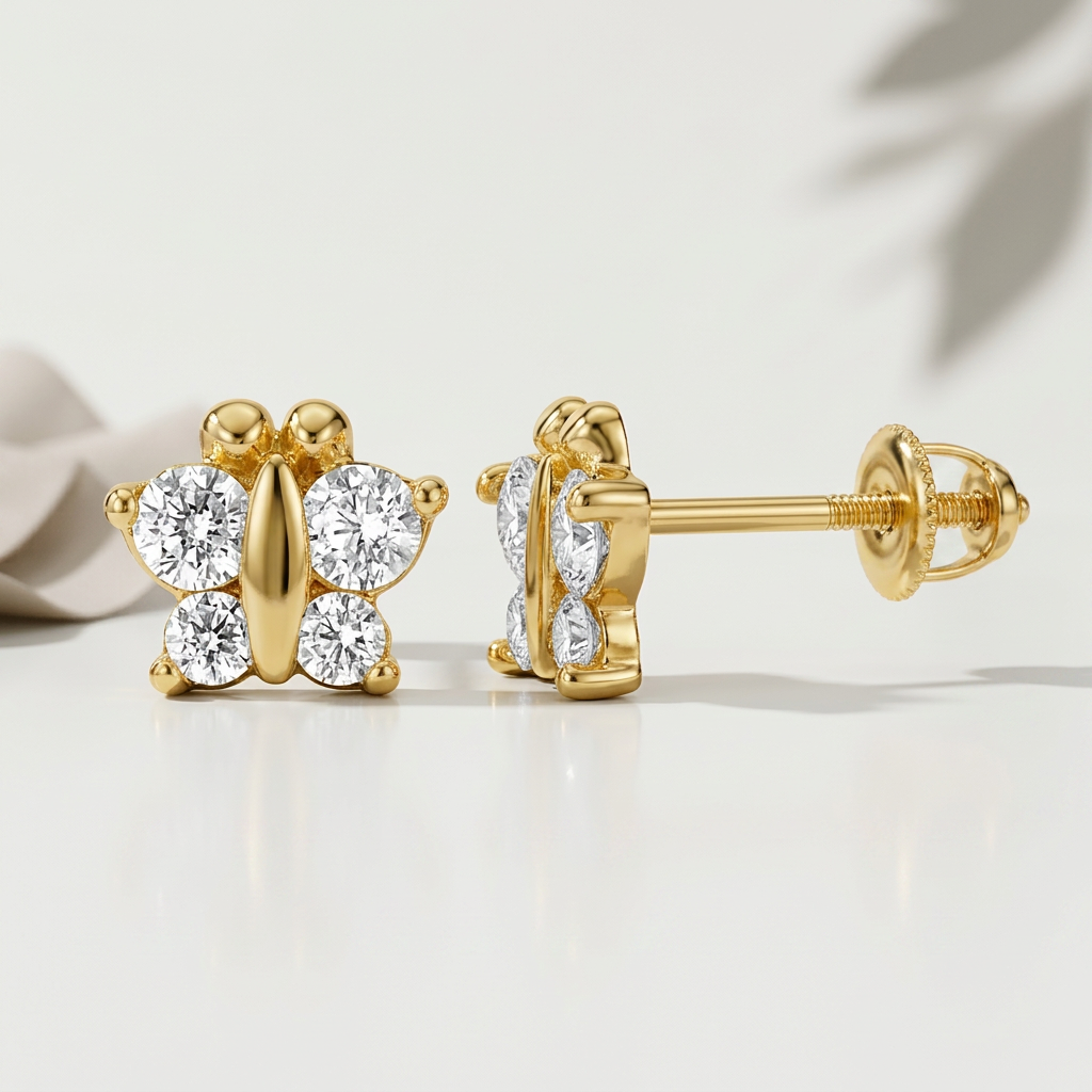 14k Yellow Gold Butterfly Childrens Earrings