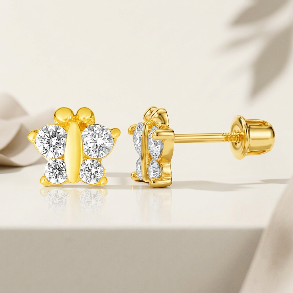 14k Yellow Gold Butterfly Childrens Earrings