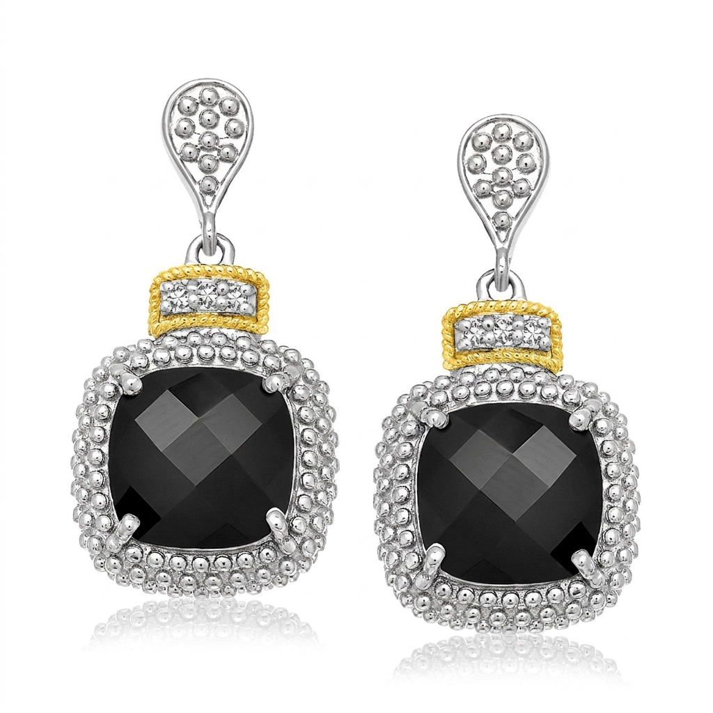 18k Yellow Gold & Sterling Silver Black Onyx & Diamond Earrings (.05cttw)