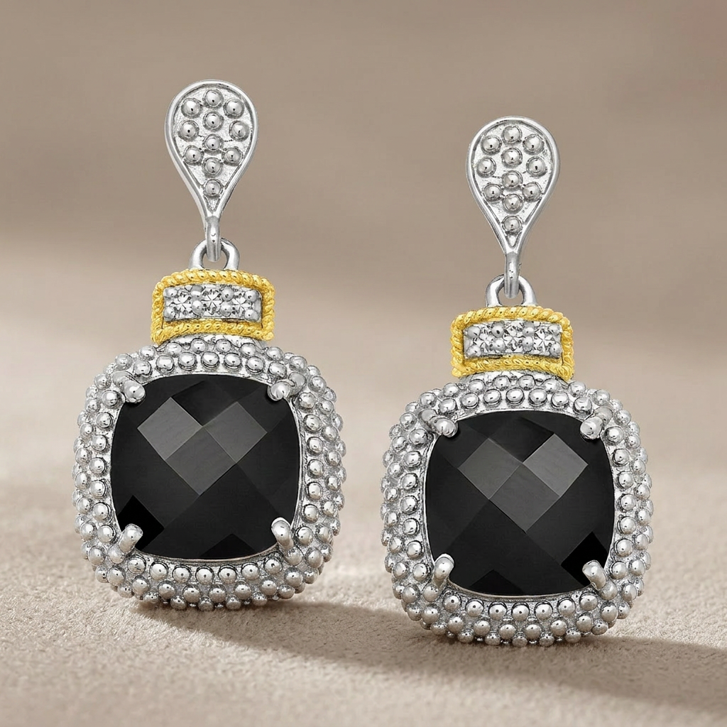 18k Yellow Gold & Sterling Silver Black Onyx & Diamond Earrings (.05cttw)