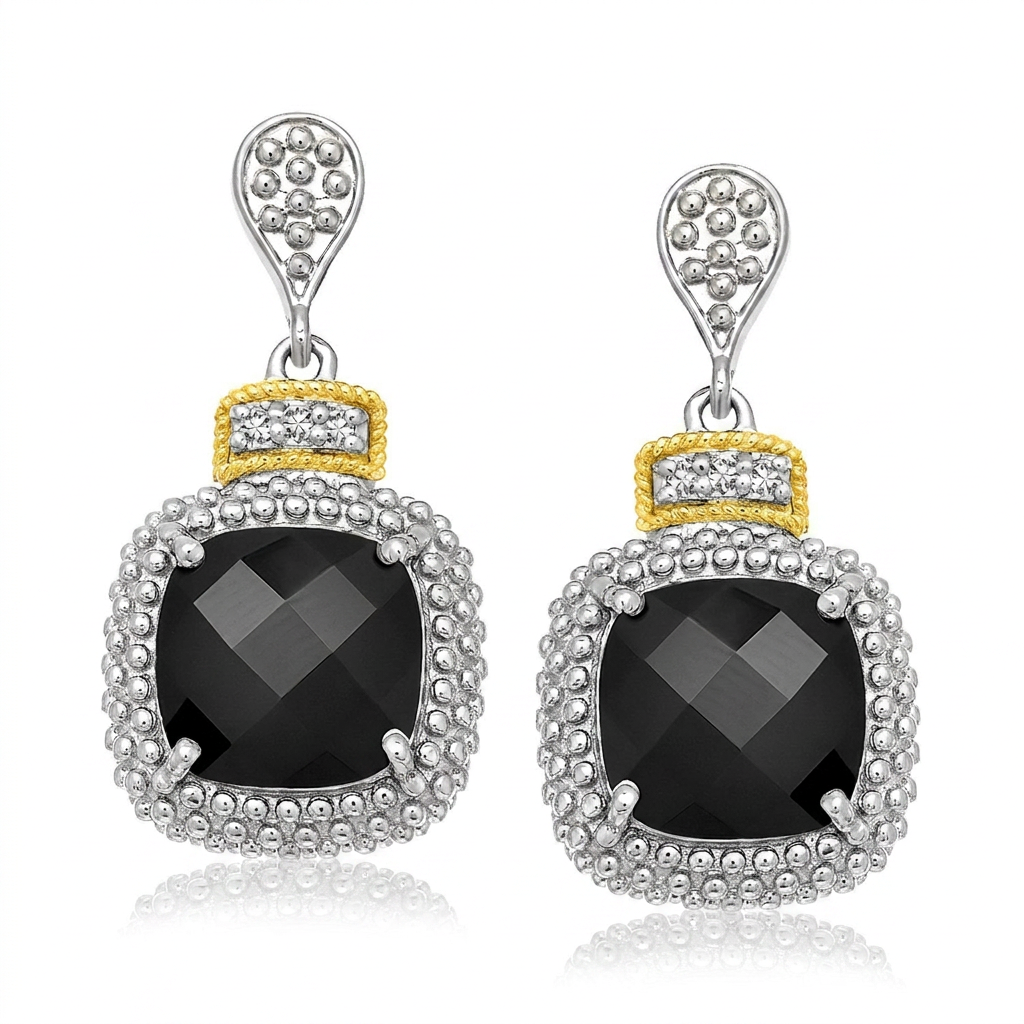18k Yellow Gold & Sterling Silver Black Onyx & Diamond Earrings (.05cttw) DestGlow