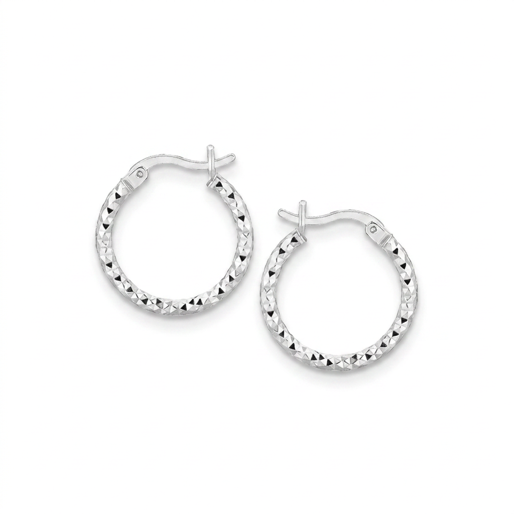 Sterling Silver Faceted Design Hoop Earrings with Rhodium Plating