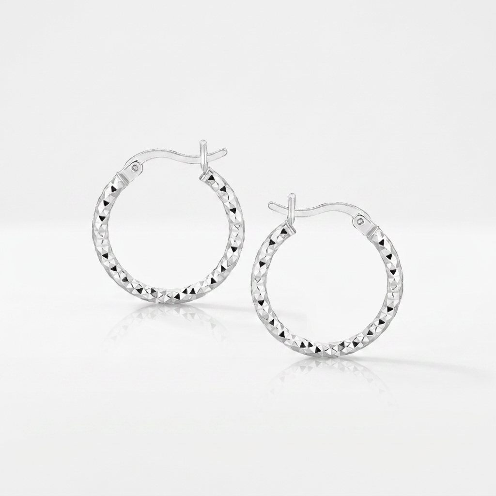 Sterling Silver Faceted Design Hoop Earrings with Rhodium Plating DestGlow