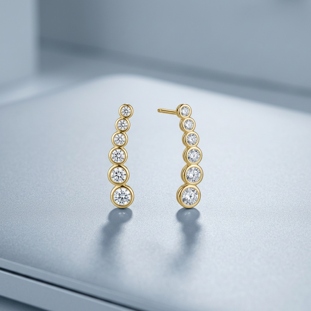 14k Yellow Gold Graduated Circles Climber Post Earrings with Cubic Zirconias DestGlow
