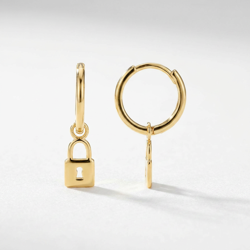 14k Yellow Gold Huggie Style Hoop Earrings with Padlock Drops