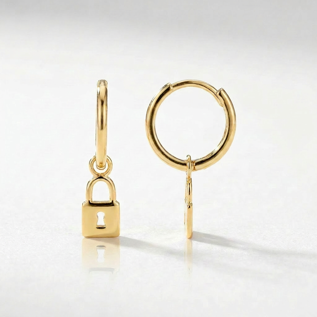 14k Yellow Gold Huggie Style Hoop Earrings with Padlock Drops DestGlow