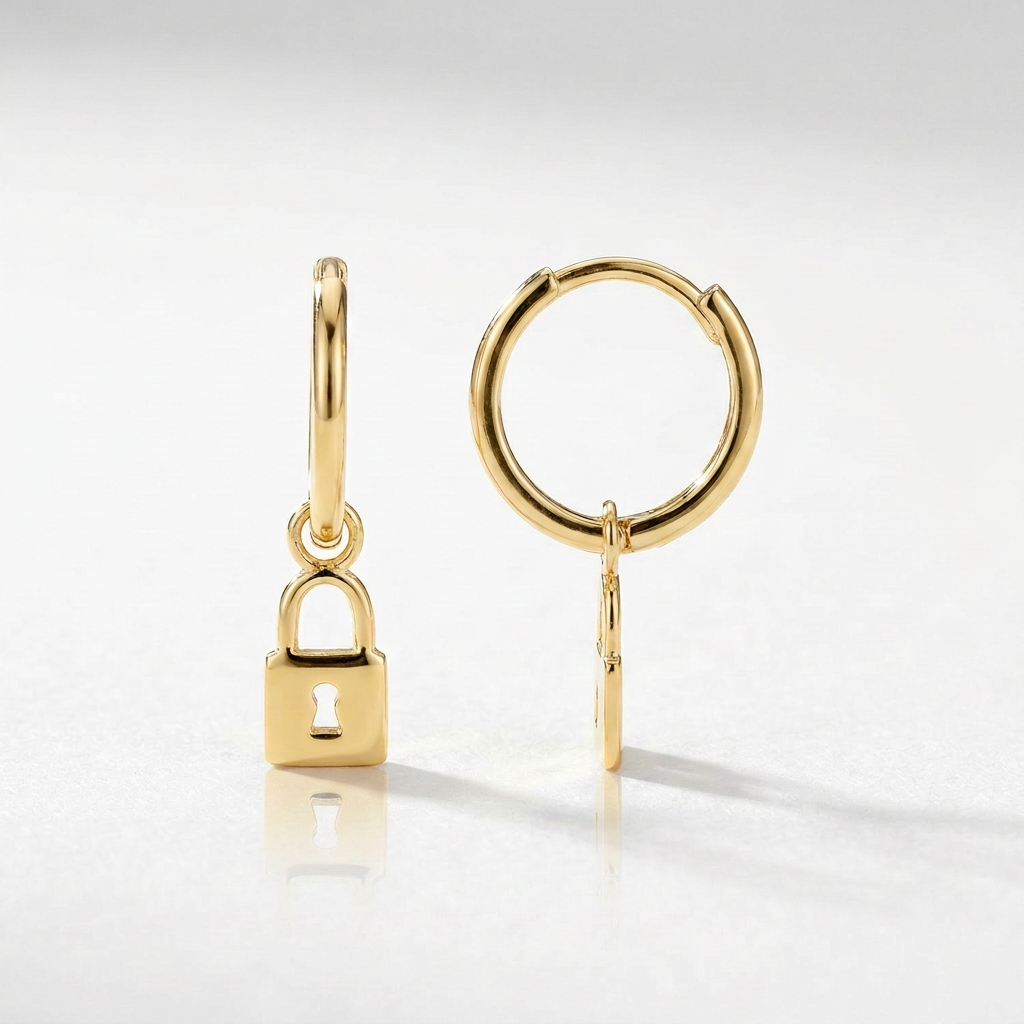 14k Yellow Gold Huggie Style Hoop Earrings with Padlock Drops DestGlow