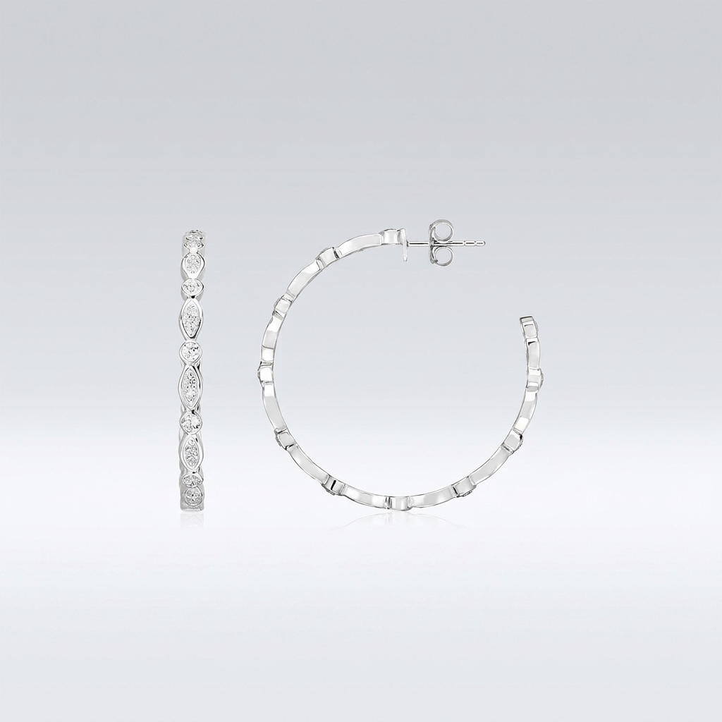 Sterling Silver Hoop Earrings with Round and Marquise Cubic Zirconias