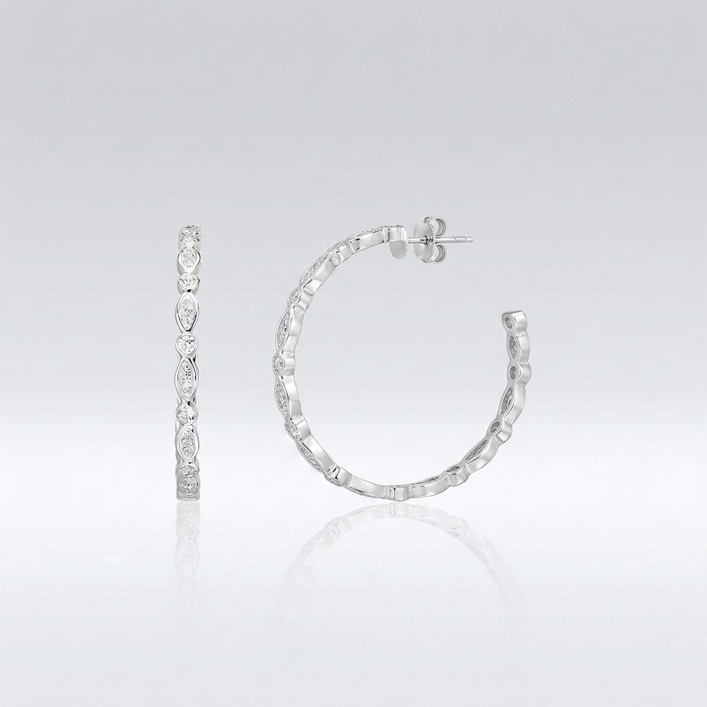 Sterling Silver Hoop Earrings with Round and Marquise Cubic Zirconias DestGlow