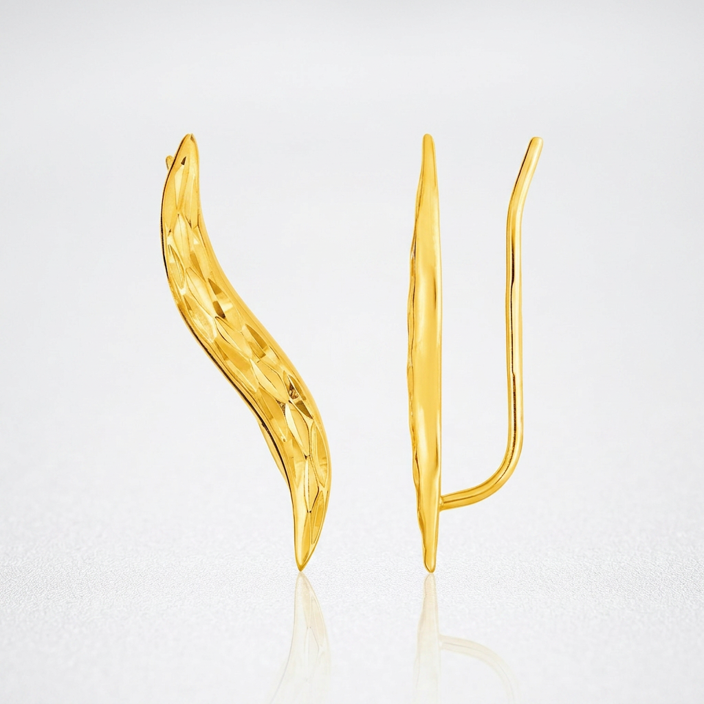 Textured Leaf Climber Earrings in 14k Yellow Gold