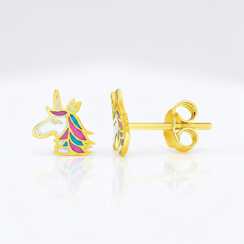 14k Yellow Gold Enameled Unicorn Childrens Earrings DestGlow