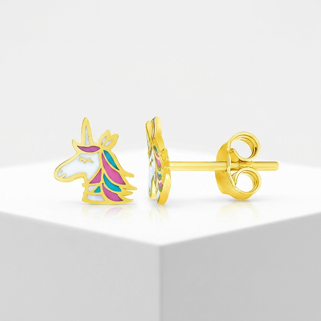 14k Yellow Gold Enameled Unicorn Childrens Earrings