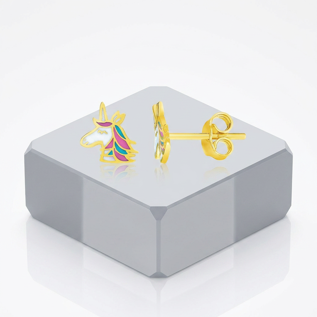 14k Yellow Gold Enameled Unicorn Childrens Earrings DestGlow