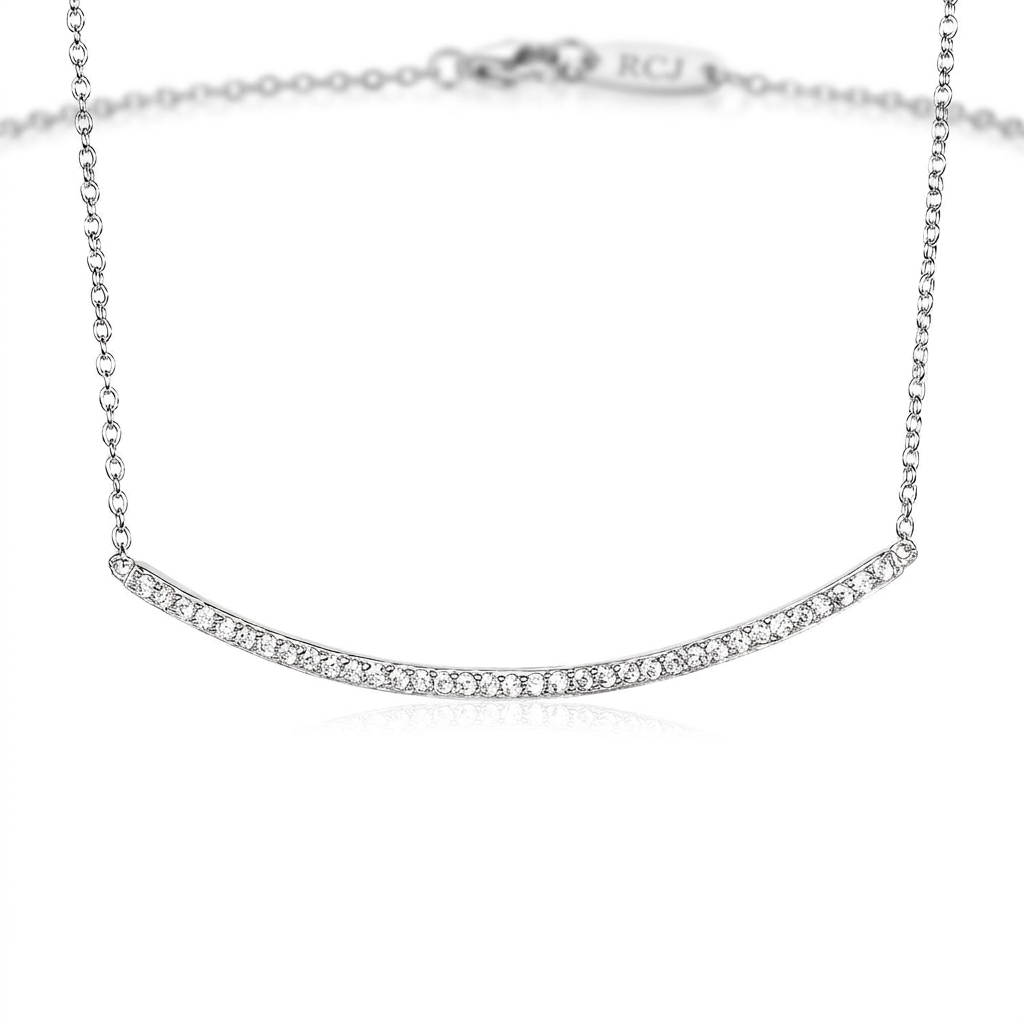 Sterling Silver Curved Bar Necklace with Cubic Zirconias DestGlow