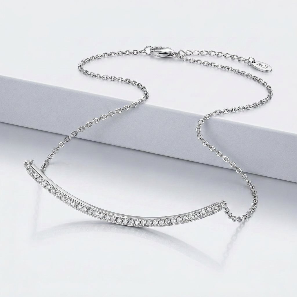 Sterling Silver Curved Bar Necklace with Cubic Zirconias DestGlow
