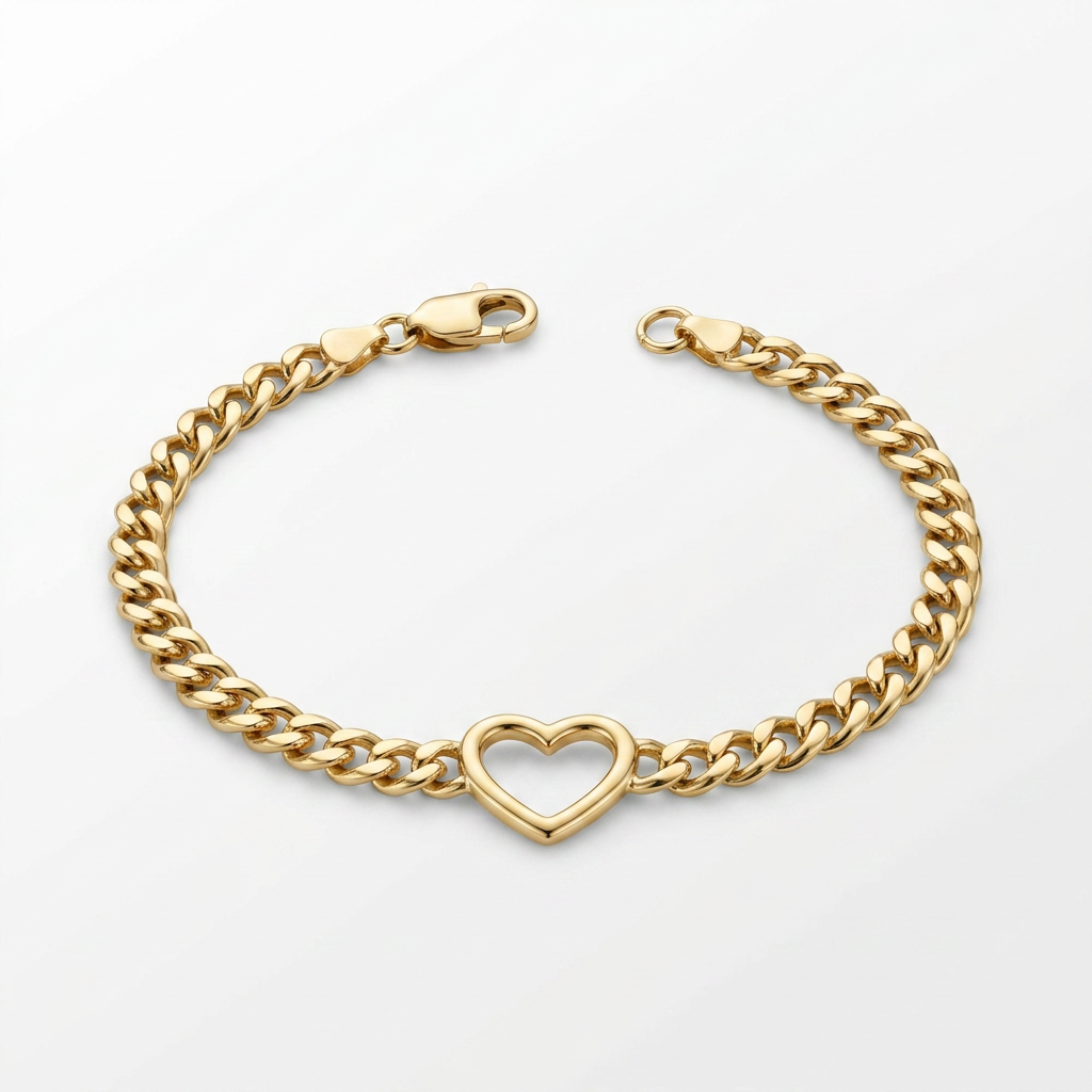 14k Yellow Gold 7 inch Curb Chain Bracelet with Heart
