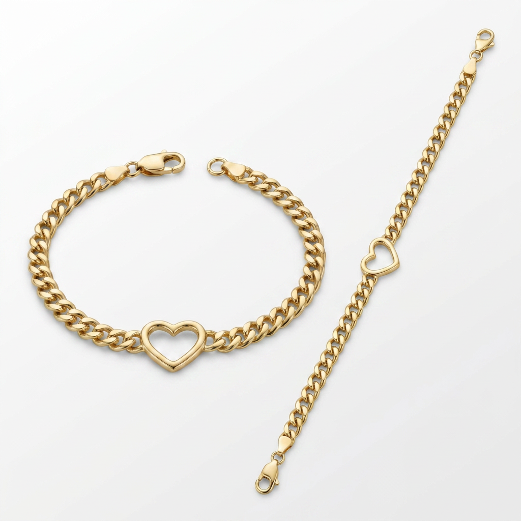 14k Yellow Gold 7 inch Curb Chain Bracelet with Heart DestGlow