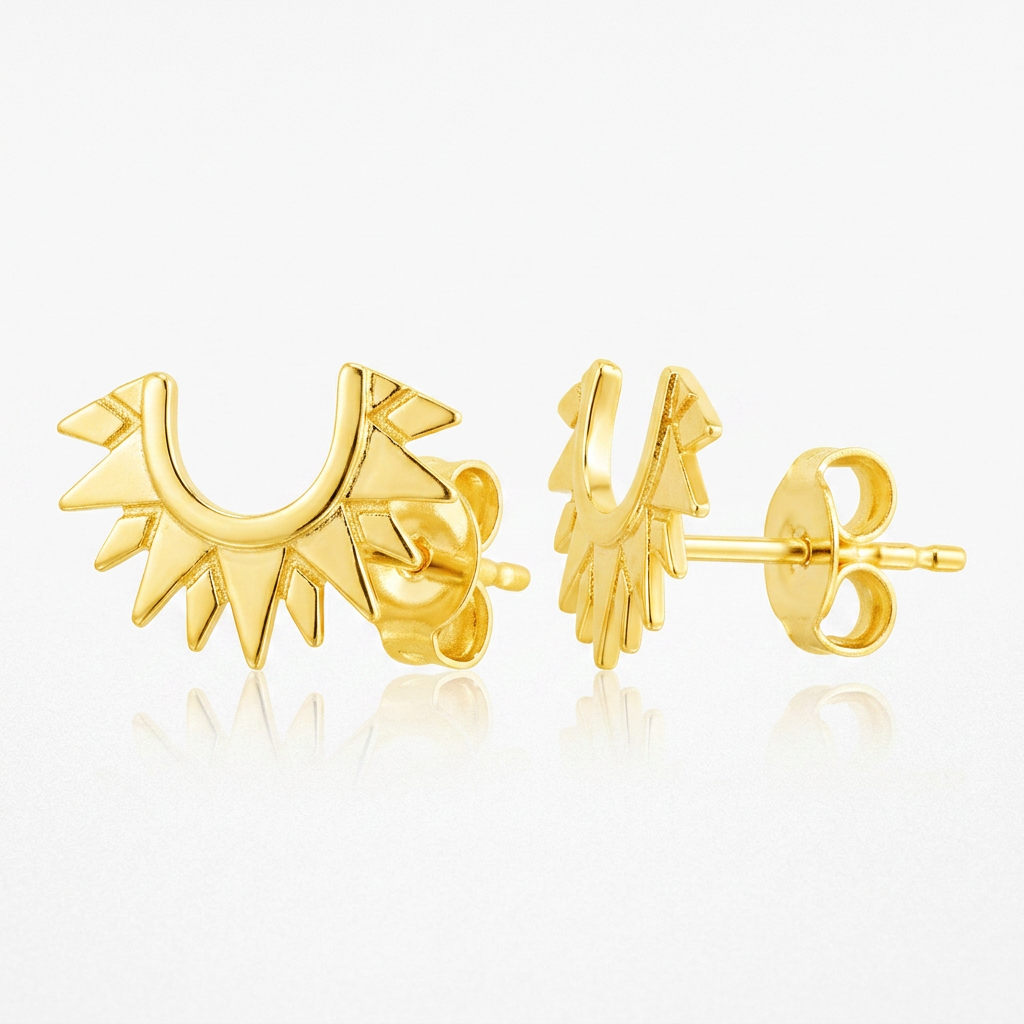 14k Yellow Gold Half Sunburst Post Earrings