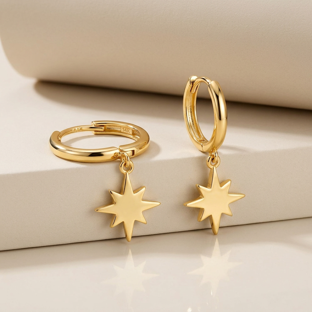 14k Yellow Gold Huggie Style Hoop Earrings with Star Drops