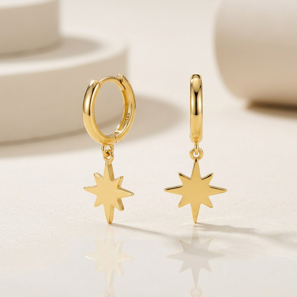 14k Yellow Gold Huggie Style Hoop Earrings with Star Drops