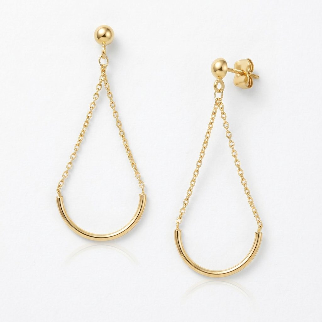 14k Yellow Gold Curved Chain Drop Earrings DestGlow