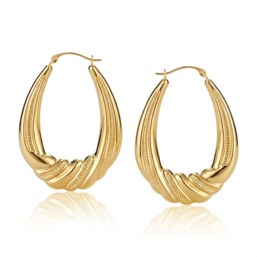 14k Yellow Gold Graduated Textured Oval Hoop Earrings DestGlow