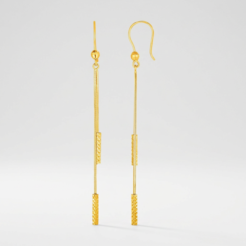 Textured Bar Long Drop Earrings in 14k Yellow Gold