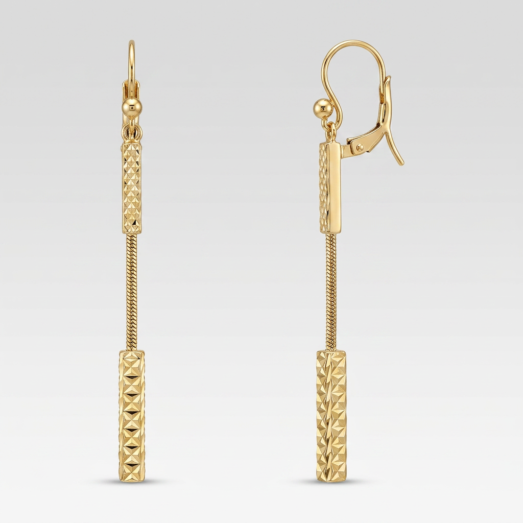 Textured Bar Long Drop Earrings in 14k Yellow Gold