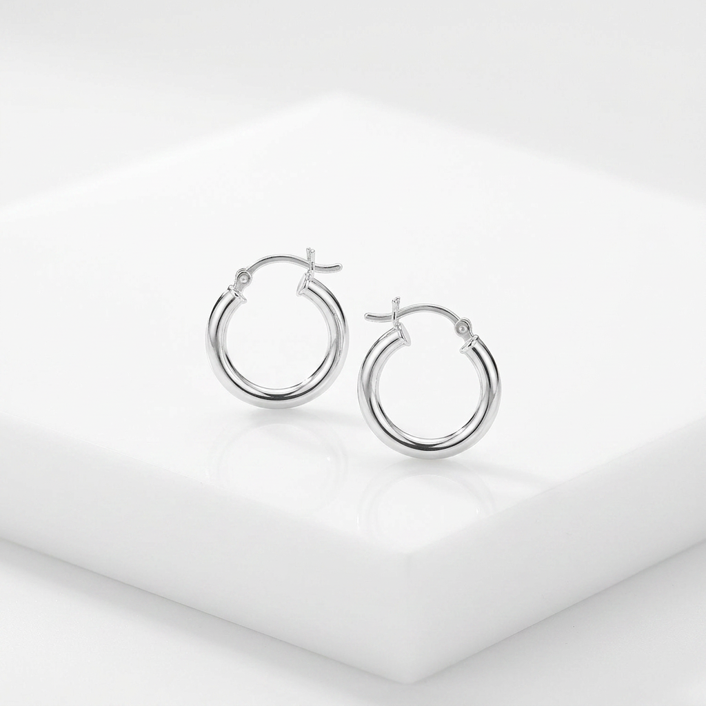 Sterling Silver Polished Hoop Style Earrings with Rhodium Plating (15mm)