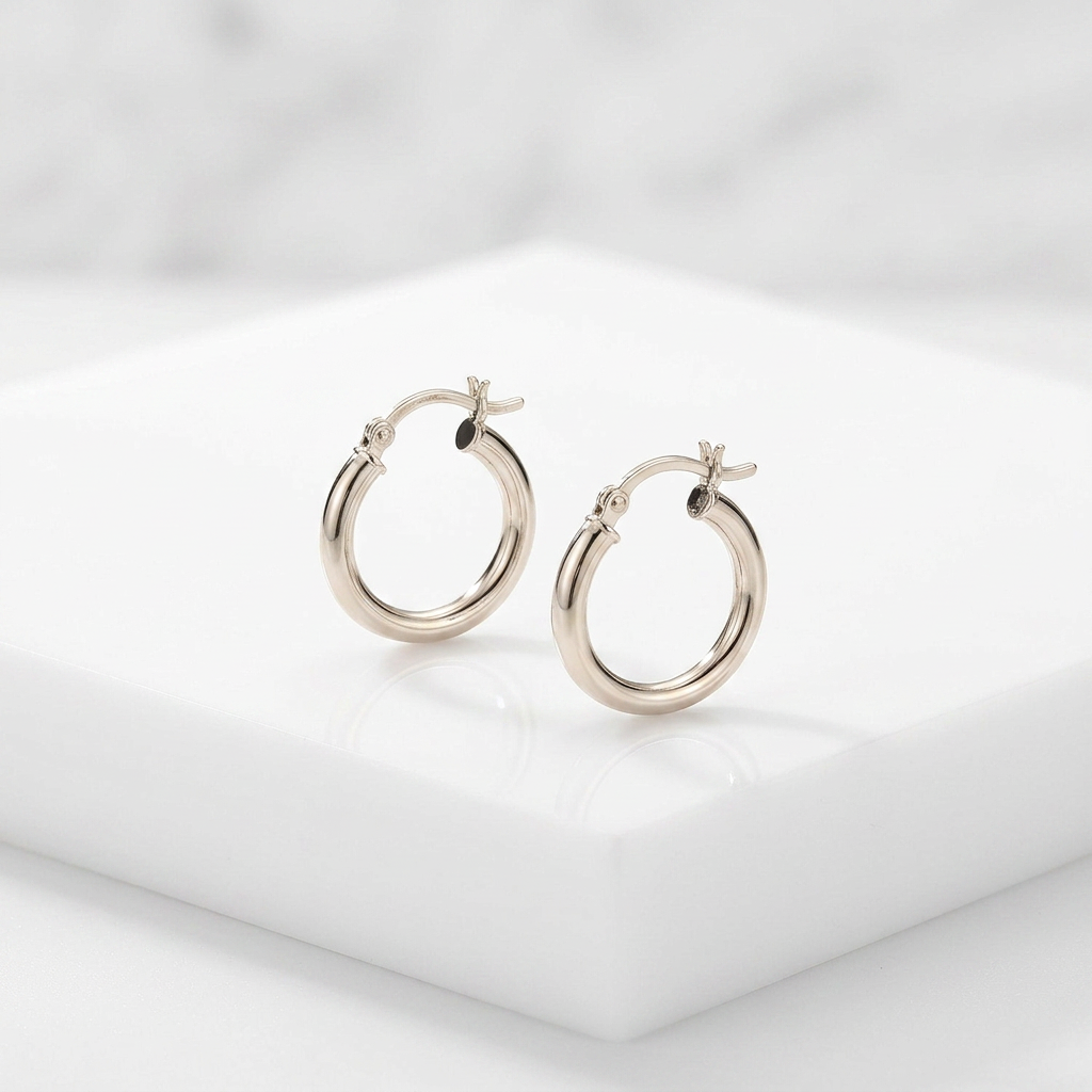 Sterling Silver Polished Hoop Style Earrings with Rhodium Plating (15mm)