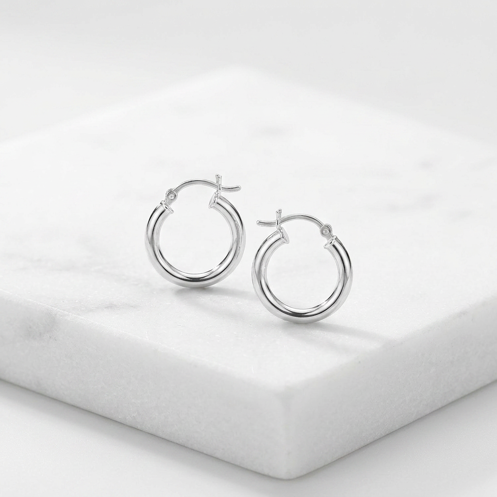 Sterling Silver Polished Hoop Style Earrings with Rhodium Plating (15mm)