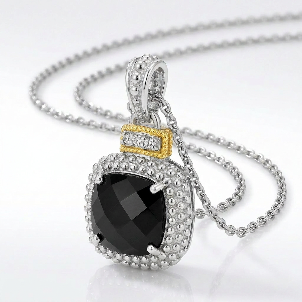 18k Yellow Gold & Sterling Silver Popcorn Cushion Black Onyx and Diamond Pendant DestGlow