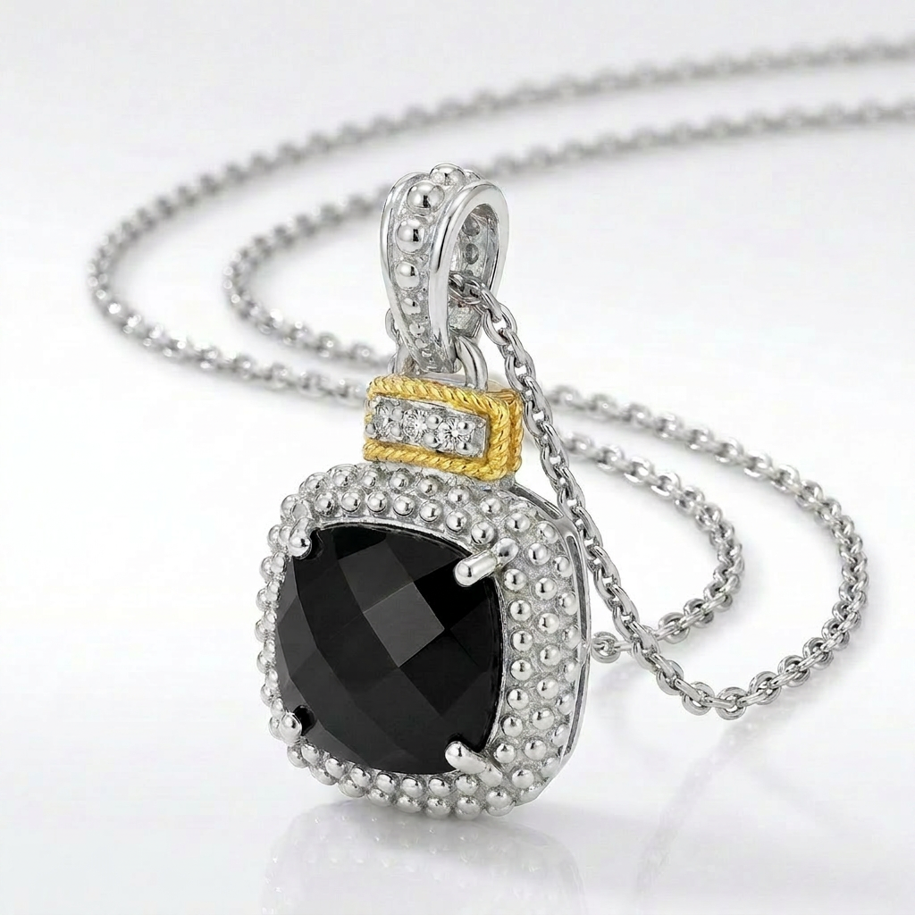 18k Yellow Gold & Sterling Silver Popcorn Cushion Black Onyx and Diamond Pendant