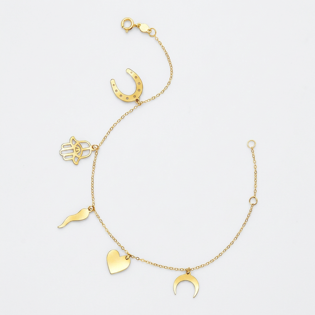 14k Yellow Gold 7 inch Bracelet with Polished Charms