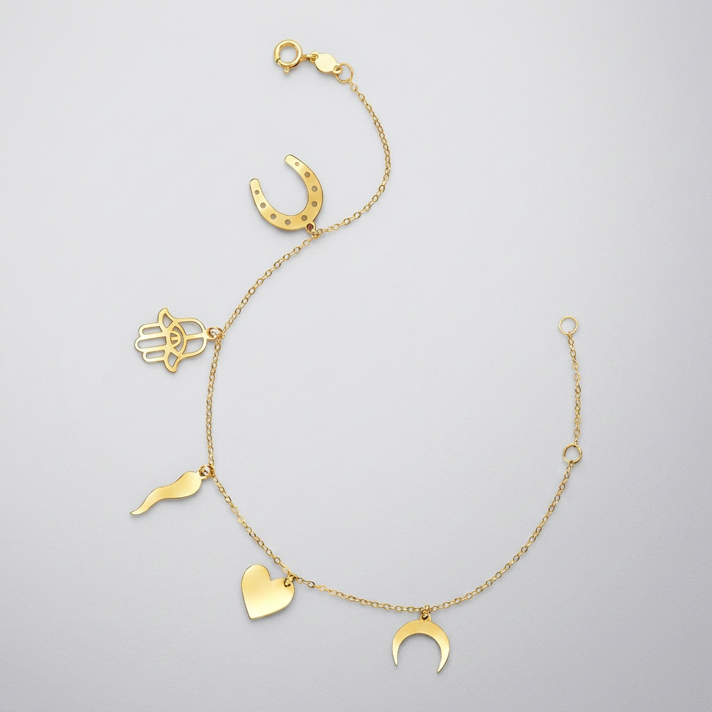 14k Yellow Gold 7 inch Bracelet with Polished Charms DestGlow