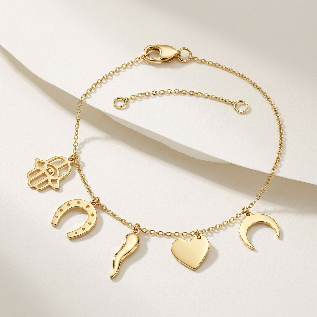 14k Yellow Gold 7 inch Bracelet with Polished Charms
